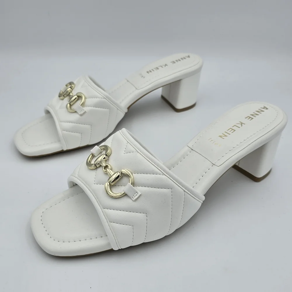 NWOT Anne Klein Kendra Slippers (Block Heel Slide Sandals), White & Gold, 9.5M - Picture 6 of 16